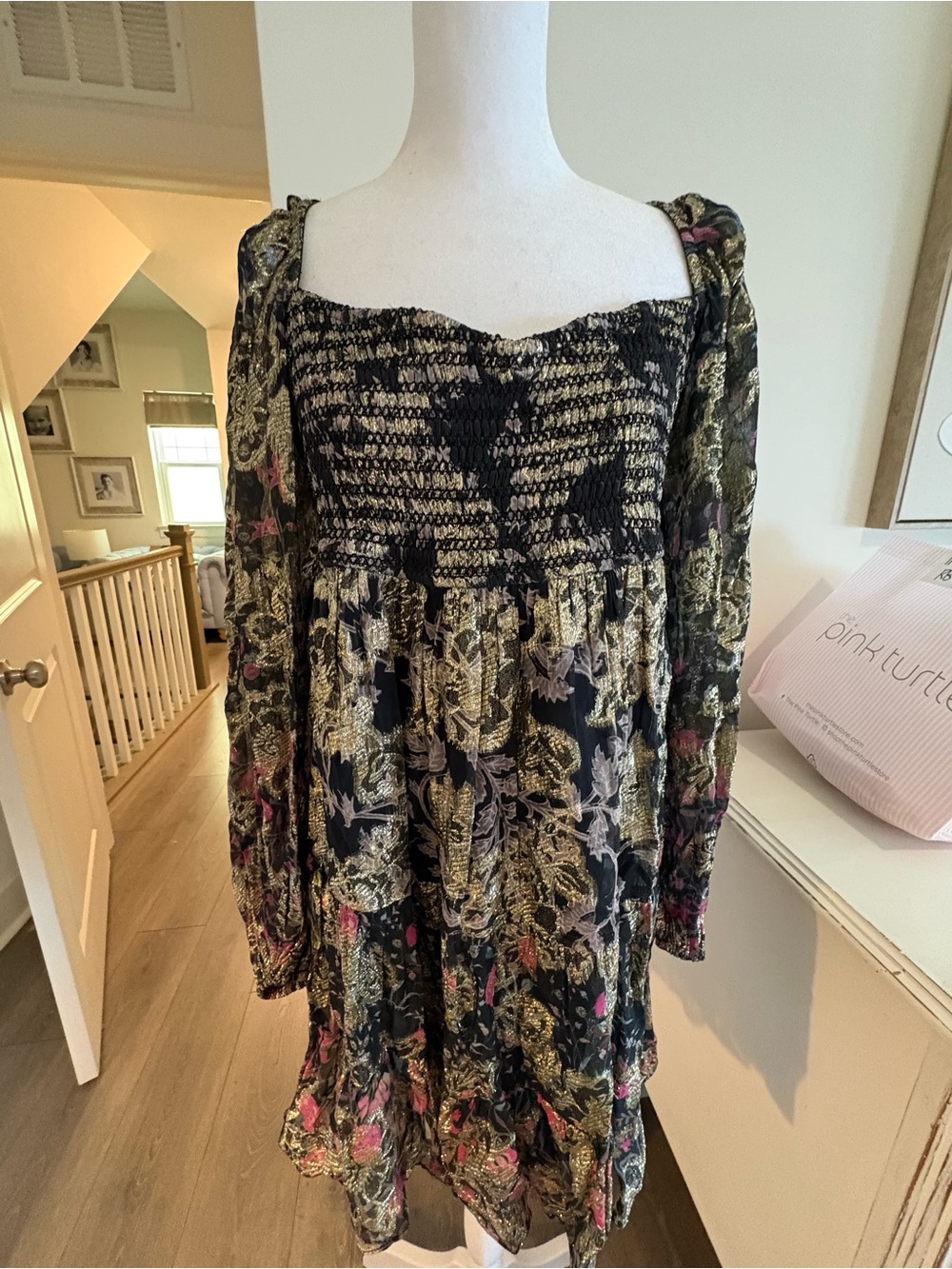 HEMANT & NANDITA Black Floral Smocked Long Sleeve Midi Dress